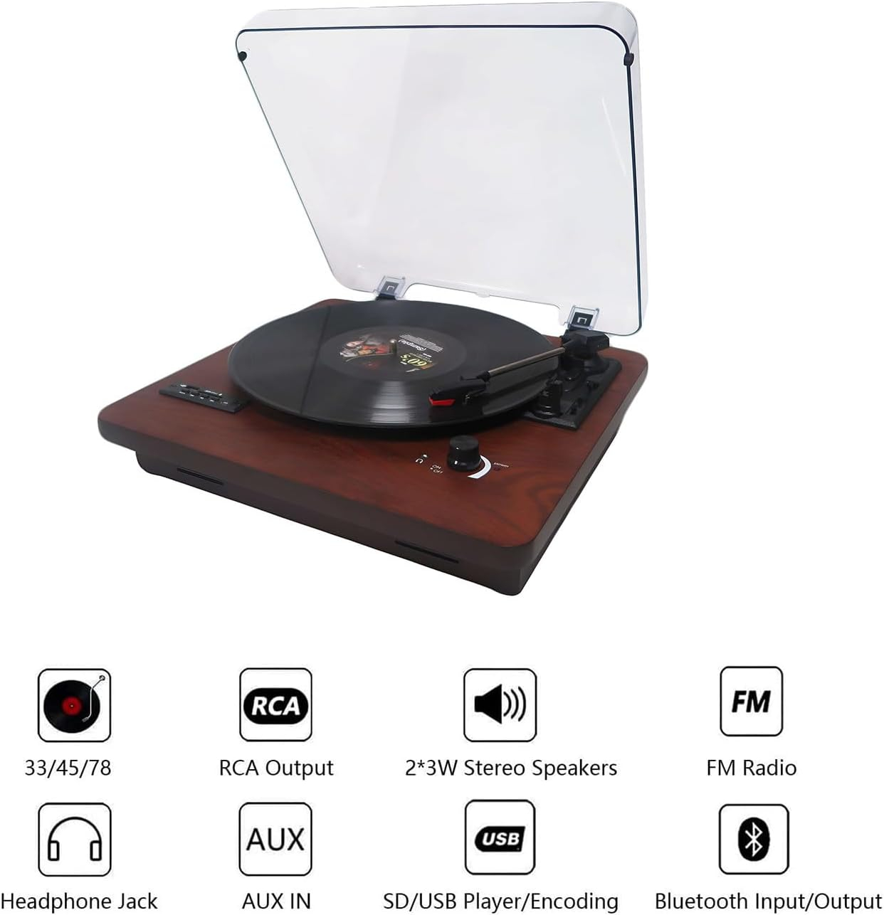 Bluetooth Record Player, 3 Speed Turntable with Built-in Speakers, Bluetooth Input & Output, FM Radio, USB/SD/MMC Support, RCA Output, AUX in, Earphone Jack