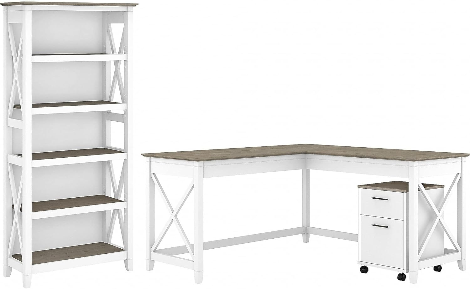 Key West L Desk with Drawers and Bookcase in White and Gray - Engineered Wood