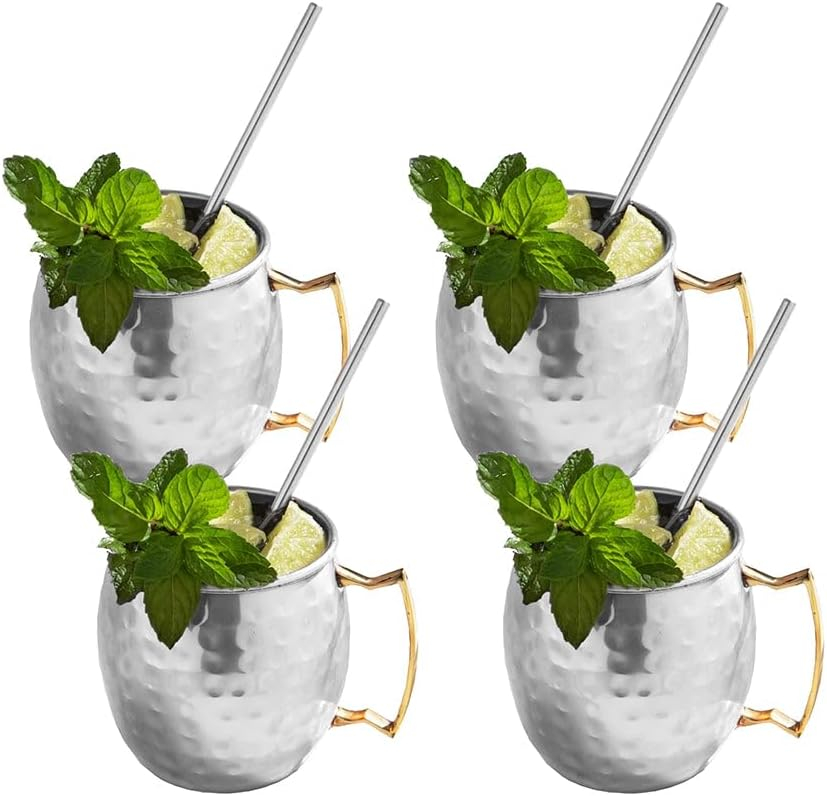 Sol Living Moscow Mule Mugs Set of 4, 14 oz Stainless Steel Lining Silver Cups Handcrafted Barware Set for Cocktails Mixed Drinks Bar Accessories Gift Set Hammered Finish Mugs Perfect for Cold Drinks