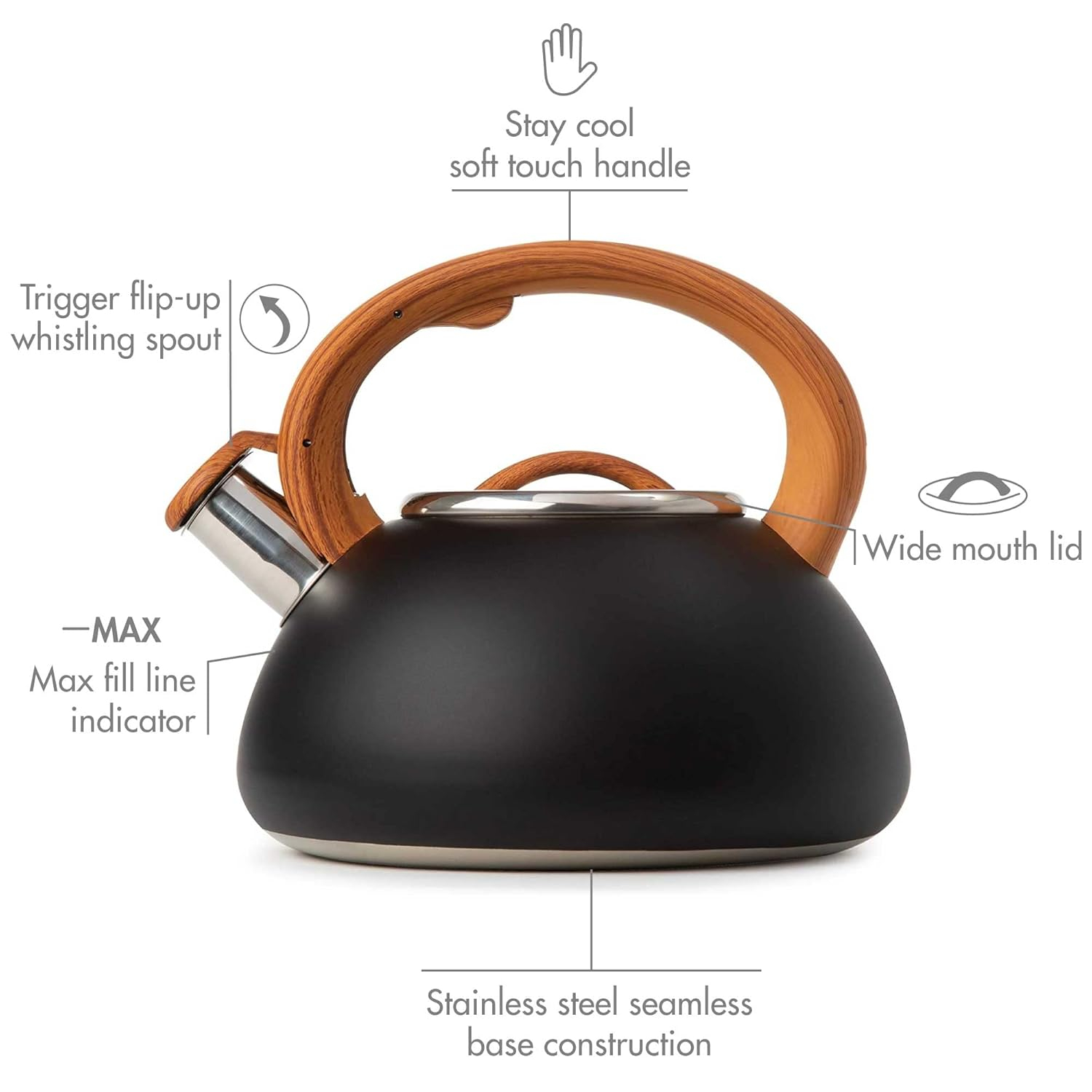 Matte Black and Wood Stainless Steel Whistling Tea Kettle