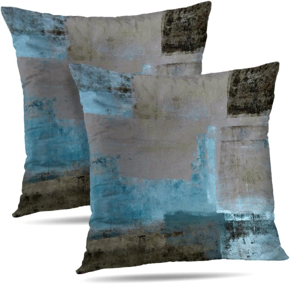 Teal and Brown Throw Pillows Covers Set of 2 Blue Gray Abstract Art Painting Aesthetic Modern Square Decorative Pillow Covers Soft Throw Pillows for Couch Sofa Bedroom, 18X18 Inches