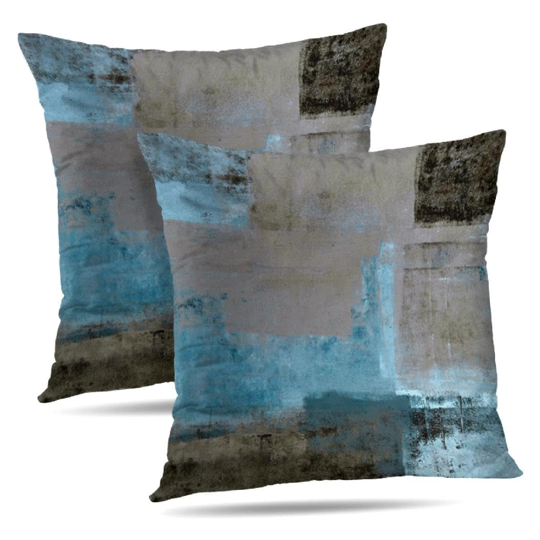 Teal and Brown Throw Pillows Covers Set of 2 Blue Gray Abstract Art Painting Aesthetic Modern Square Decorative Pillow Covers Soft Throw Pillows for Couch Sofa Bedroom, 18X18 Inches