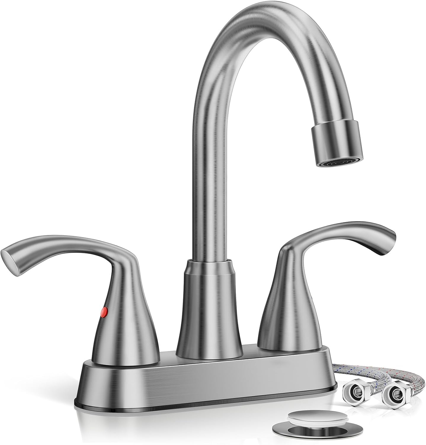 Phiestina Centerset 4 Inch 2 or 3 Holes Brushed Nickel Bathroom Faucet, Vanity Sink Faucet with 360 Swivel Spout, Metal Pop-up Drain and Water Supply Lines, JC180-BN