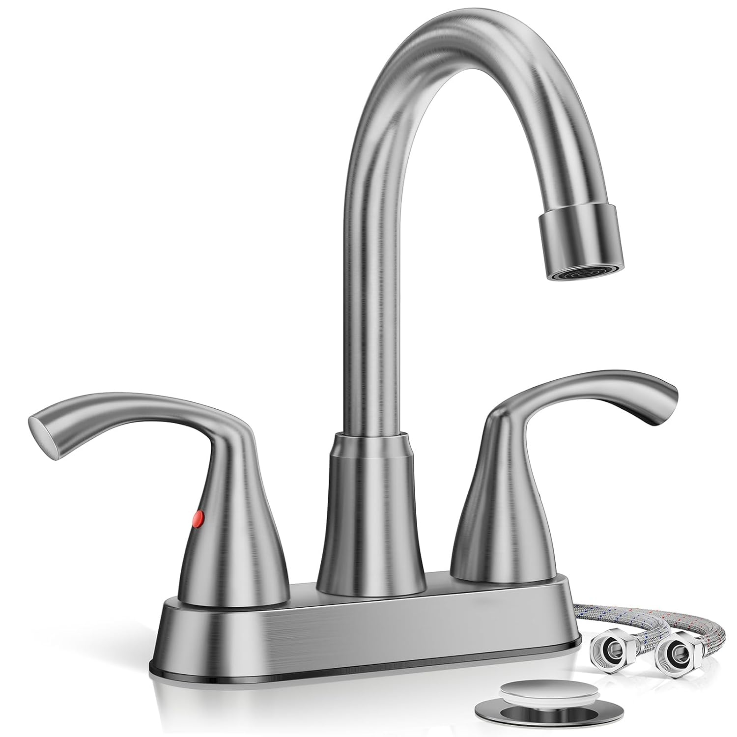 Phiestina Centerset 4 Inch 2 or 3 Holes Brushed Nickel Bathroom Faucet, Vanity Sink Faucet with 360 Swivel Spout, Metal Pop-up Drain and Water Supply Lines, JC180-BN