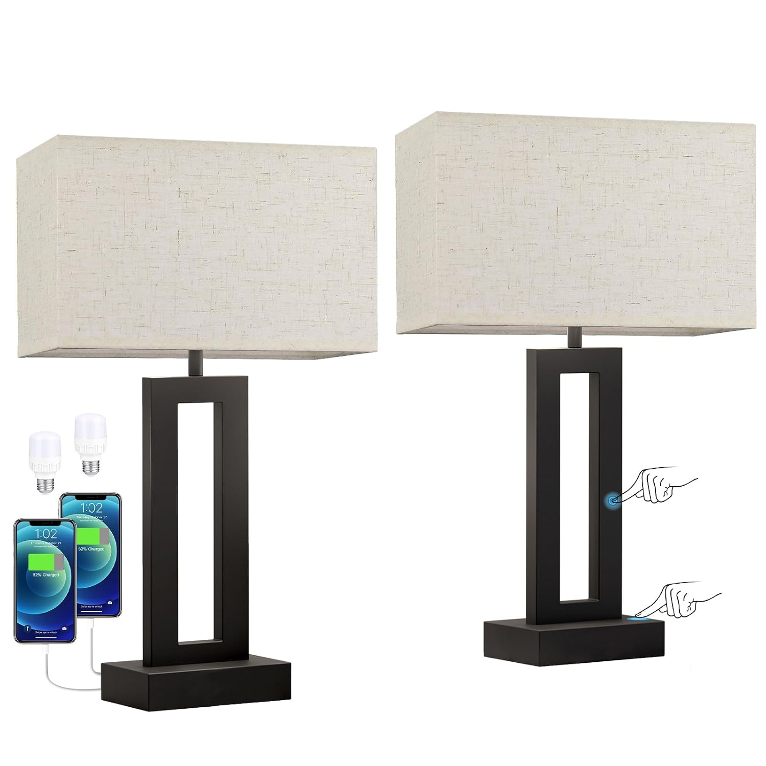 Nightstand Table Lamps for Bedrooms Set of 2 - Touch Bedside Lamp with USB C+A, 3 Way Dimmable Living Room Lamps for End Tables Set of 2, Modern Night Stand Lamps for Bed Side Guest Room(Cream)