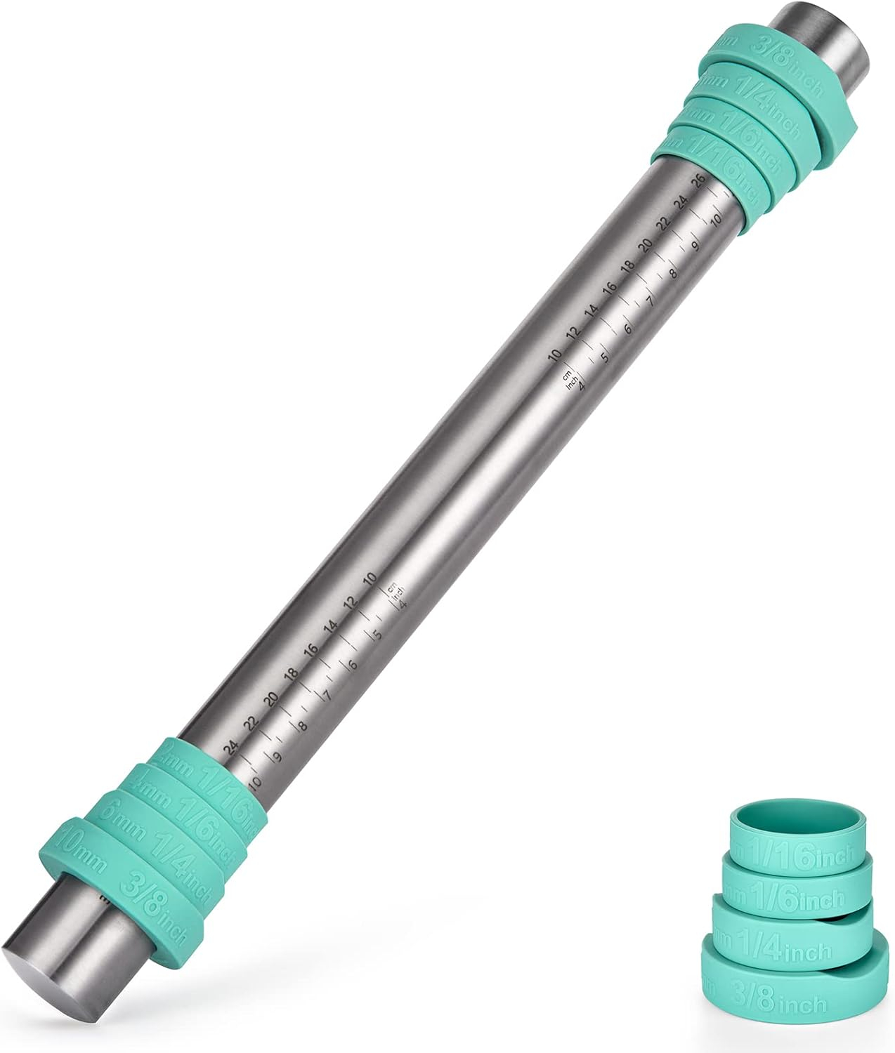 U-Taste Adjustable 18/8 Stainless Steel 16 inch Rolling Pin with Silicone Removable Rings (Teal/Aqua Sky)