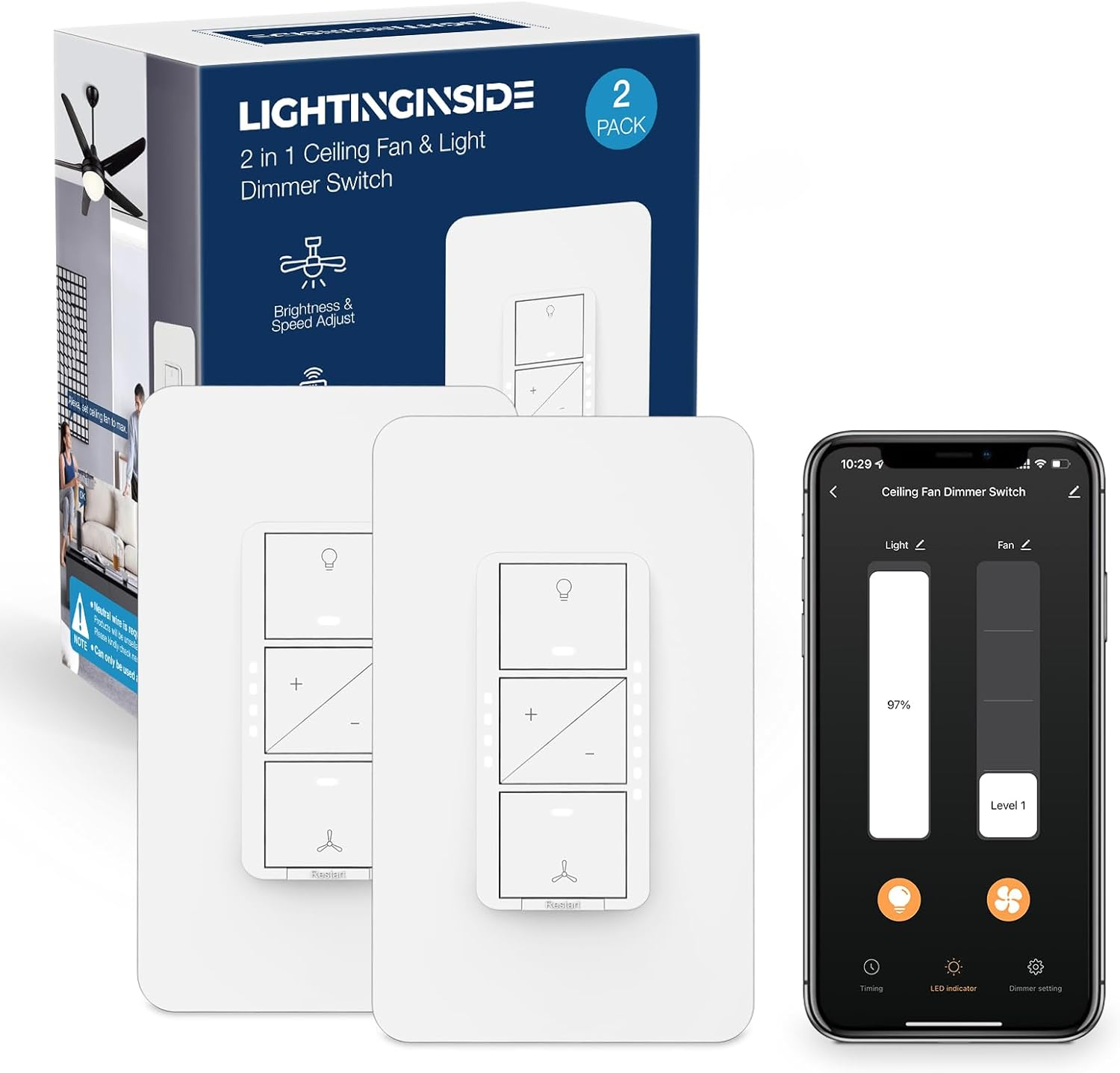 Smart Ceiling Fan Control and Light Dimmer Switch, Compatible with Alexa/Google Assistant/Smart Life, Neutral Wire Required, Single Pole Fan Light Switch, 2.4G Wi-Fi only, Timer, No Hub Required, 1PC
