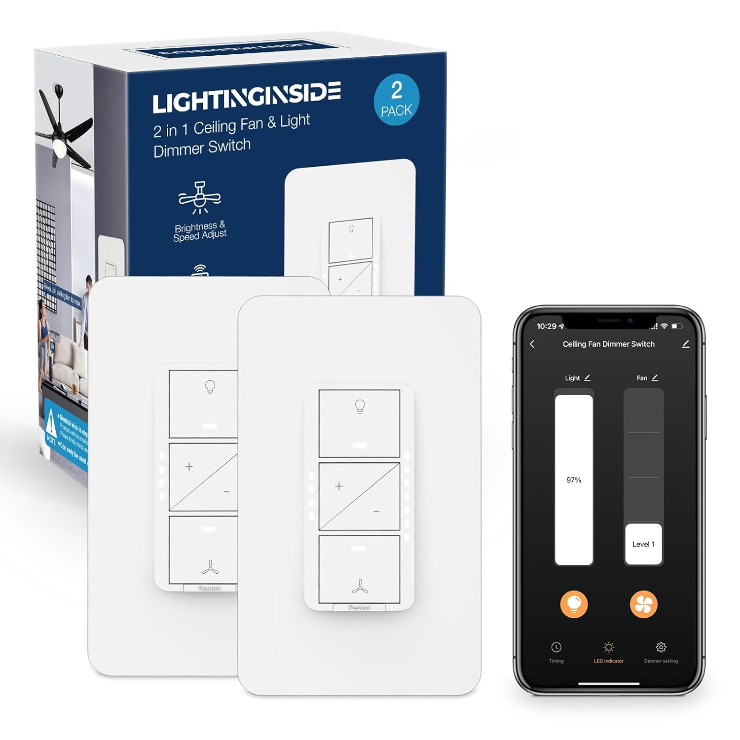 Smart Ceiling Fan Control and Light Dimmer Switch, Compatible with Alexa/Google Assistant/Smart Life, Neutral Wire Required, Single Pole Fan Light Switch, 2.4G Wi-Fi only, Timer, No Hub Required, 1PC