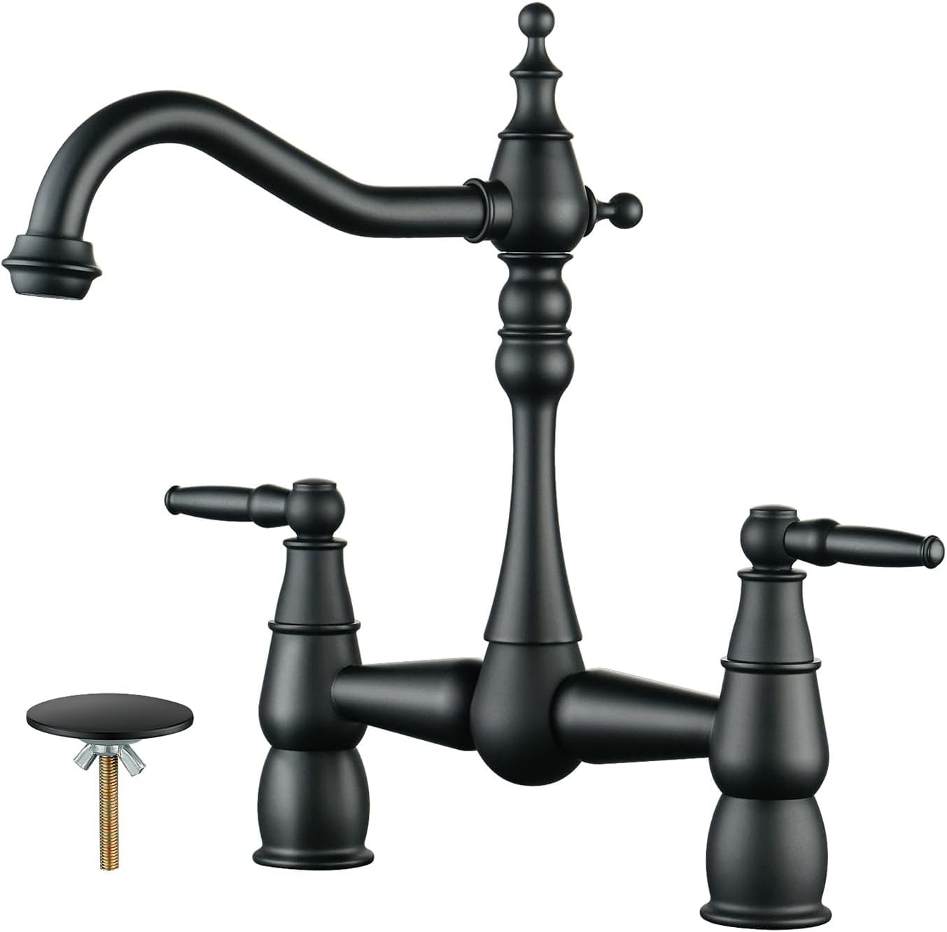 Double Handle Bridge Kitchen Faucet with Sink Hole Cover in Matte Black