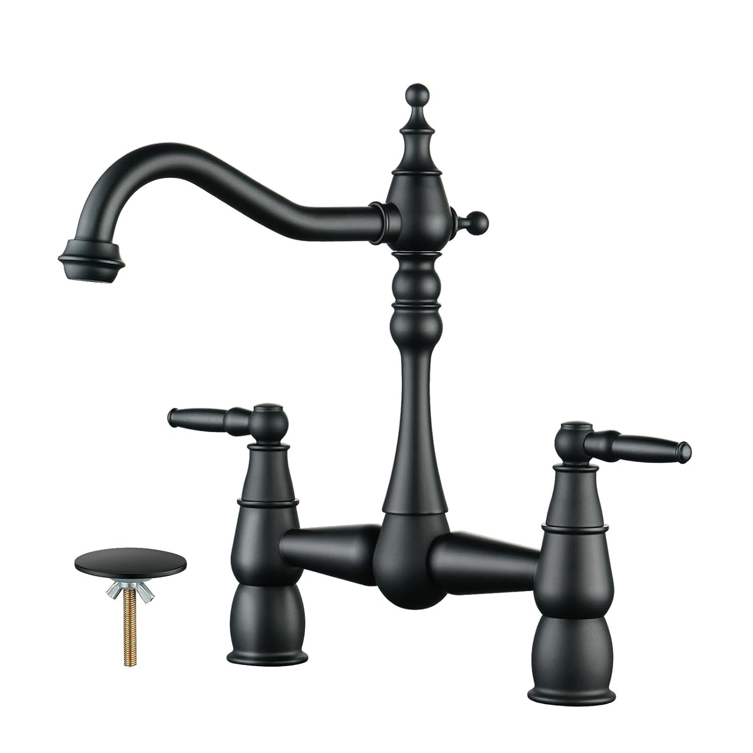Double Handle Bridge Kitchen Faucet with Sink Hole Cover in Matte Black