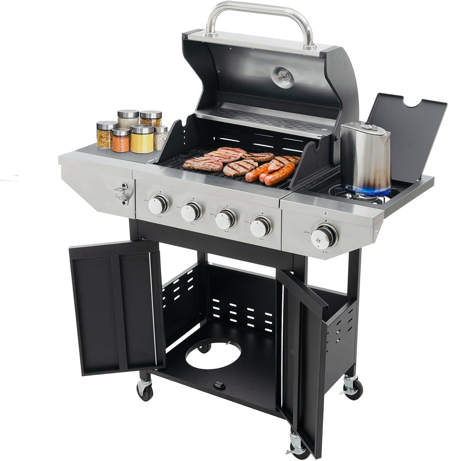 4-Burners Propane Gas Grill with Side Burner & Thermometer, Stainless Steel Propane Grill for Outdoor BBQ and Camping, Patio Backyard Barbecue, 42000 BTU Output