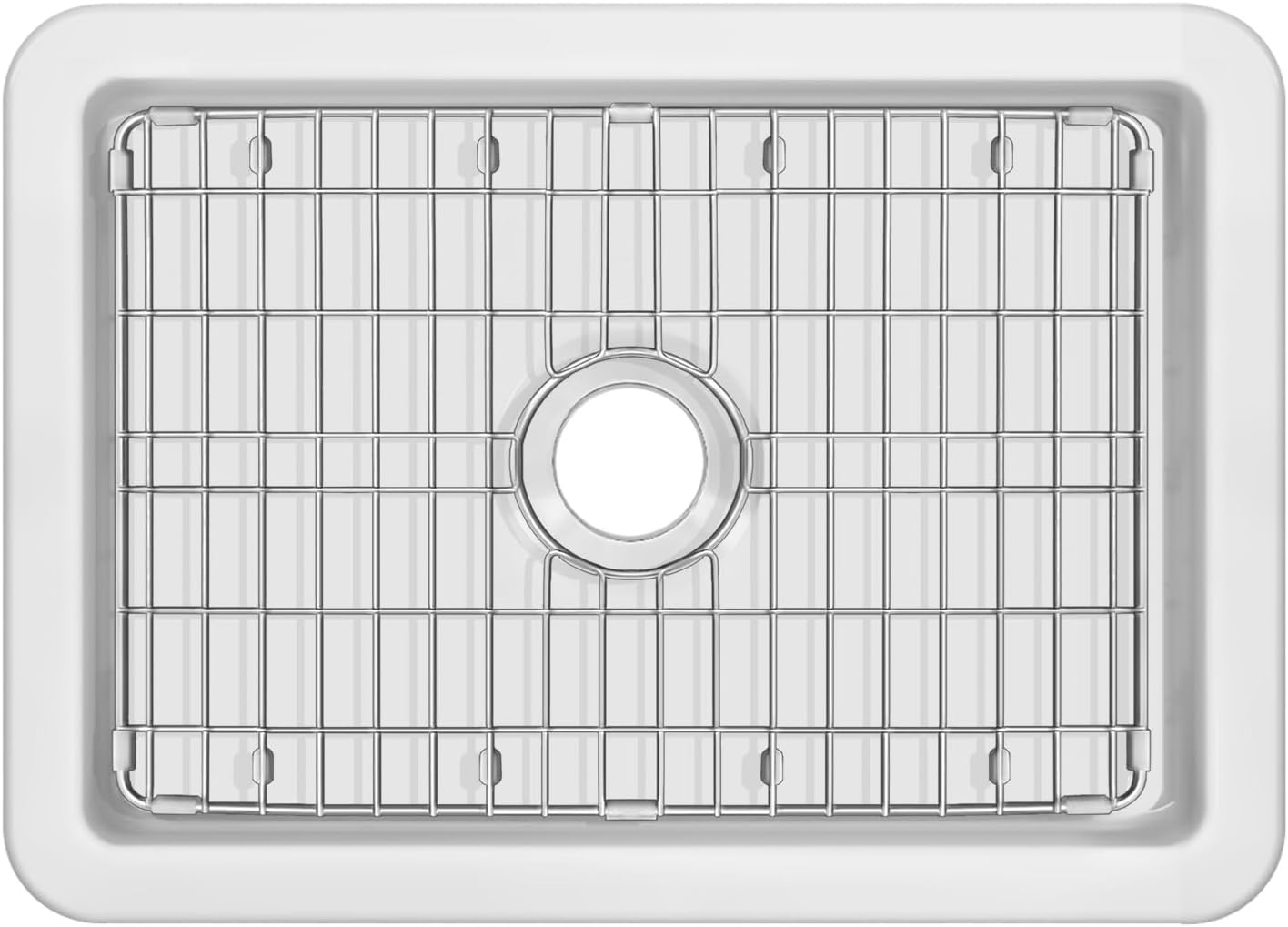 Glossy White Fireclay Drop-in Single Bowl Kitchen Sink with Stainless Steel Grid