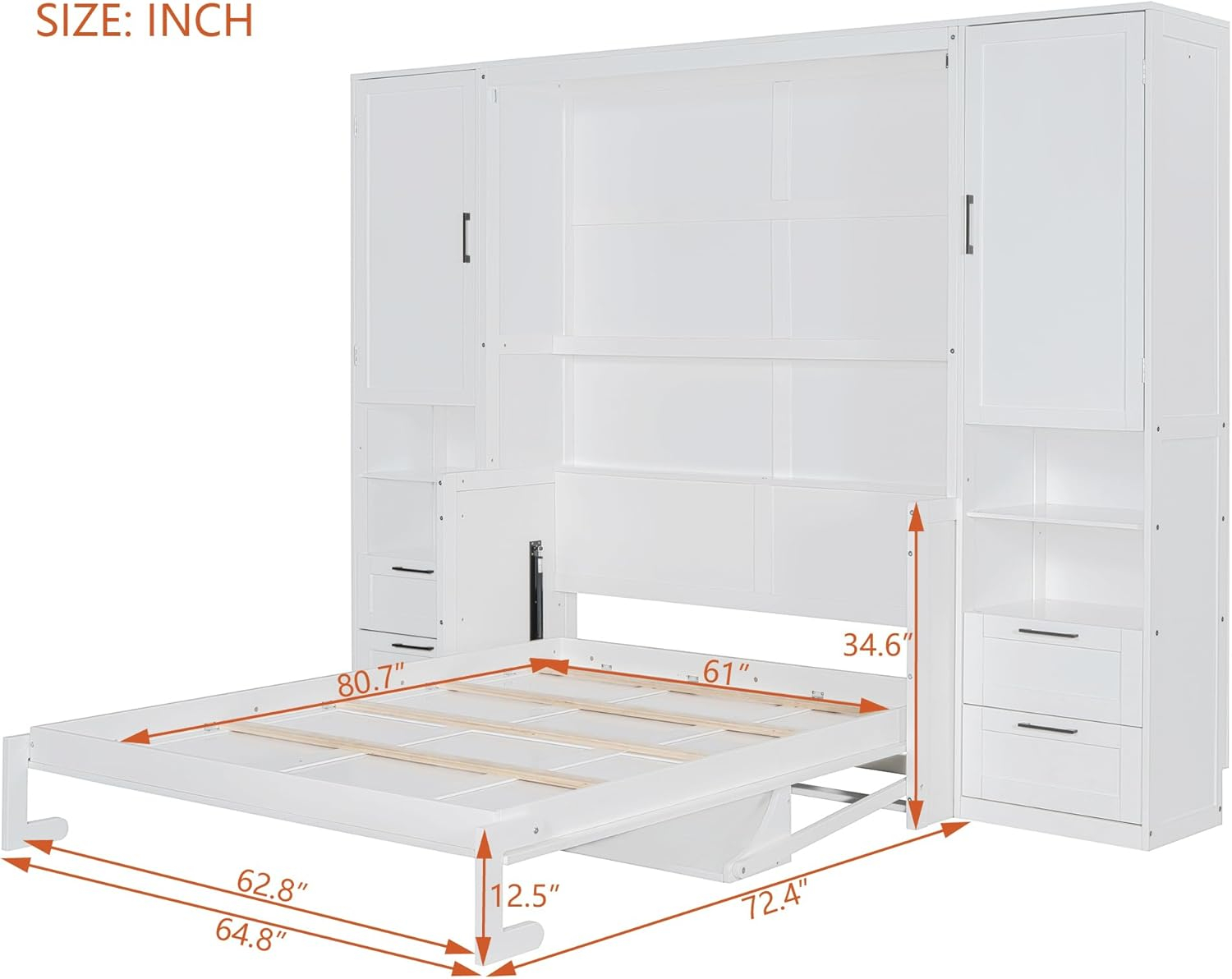 Harper & Bright Designs Queen Size Murphy Bed, Wooden Queen Wall Bed with Closet, Drawers and Shelves, White