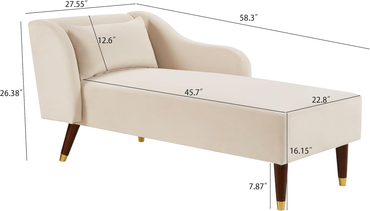 Chaise Lounge Indoor, Velvet Upholstered Lounge Chair with Pillow, Solid Wood Legs Modern Chaise Lounge Chair for Living Room Bedroom Office (Beige)