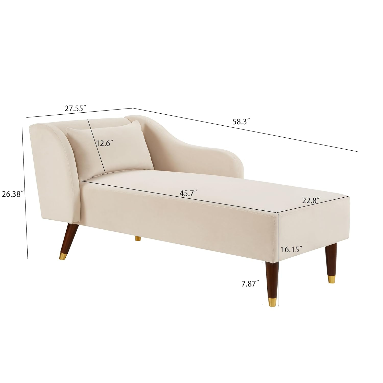 Chaise Lounge Indoor, Velvet Upholstered Lounge Chair with Pillow, Solid Wood Legs Modern Chaise Lounge Chair for Living Room Bedroom Office (Beige)