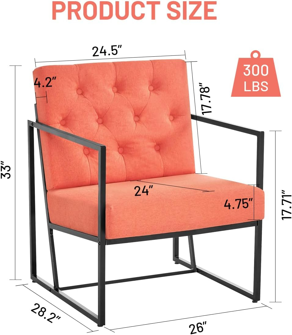 Living Room Chairs - Accent Chair with Upholstered Soft Comfortable Oversized Armchair Featuring Classic Metal Frame for Bedroom, Reading Room, Office Relaxation (Mid-Century Modern, Orange)