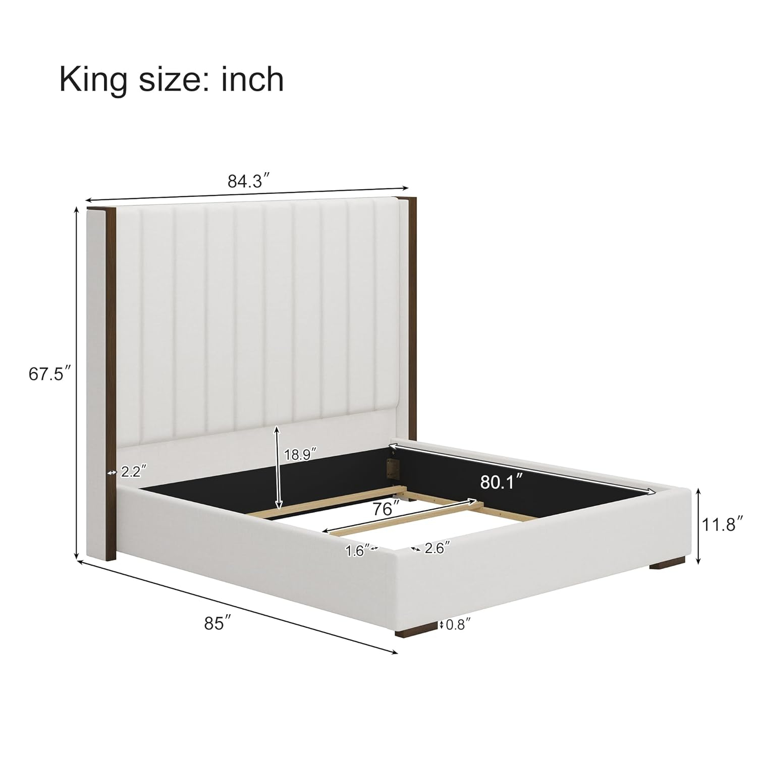 67.5" Tall Headboard Upholstered King Size Bed with Vertical Striped and Wingback Design, Box Spring Needed, Linen