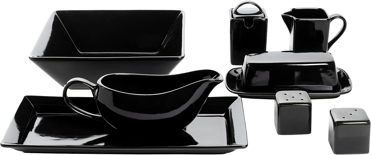 10 Strawberry Street Nova Square 40 Piece Stoneware Dinnerware Set, Black