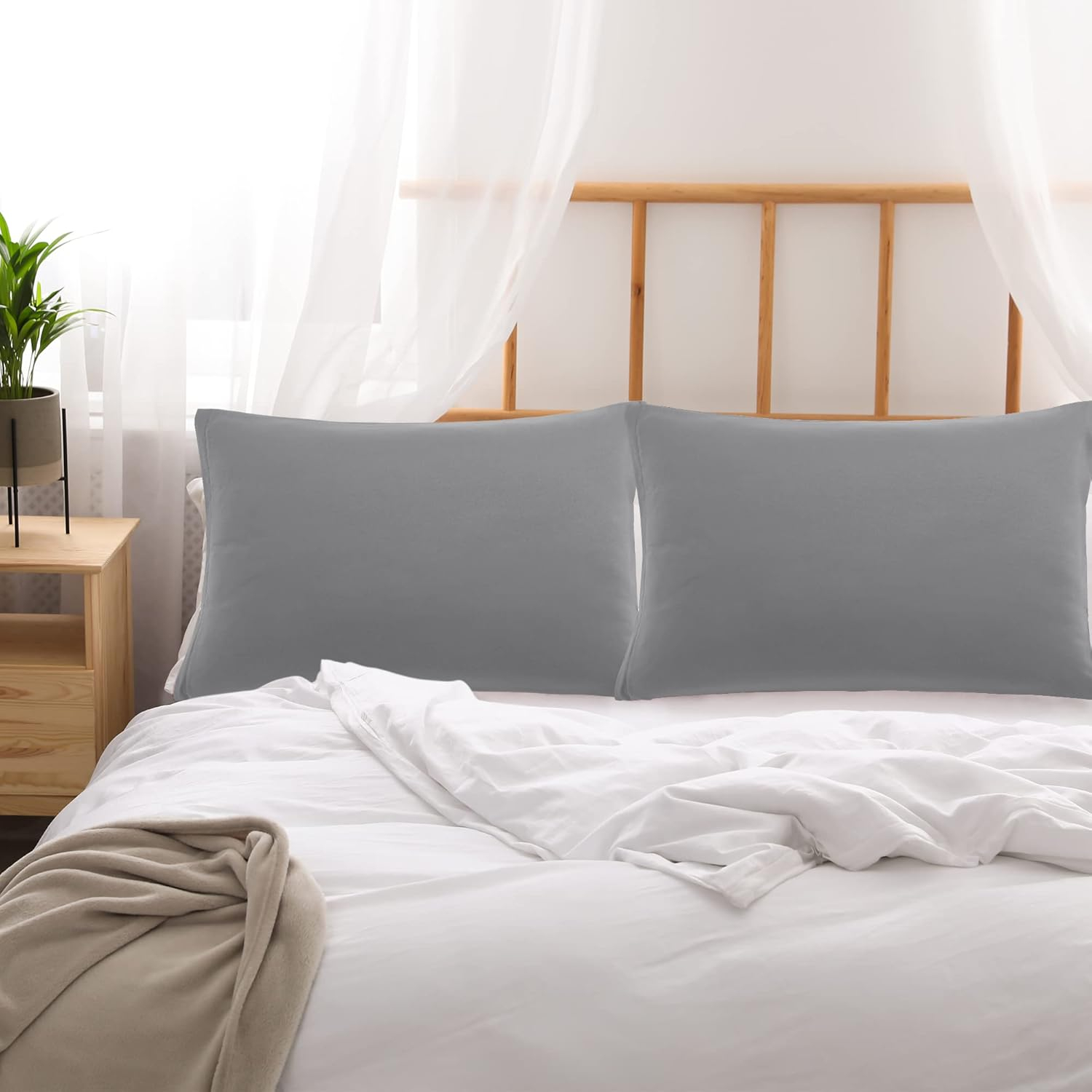 Pillowcases Queen Gray Set of 2 Envelope Closure End Easy Fit for All Season Cooling Soft and Breathable Material Machine Washable