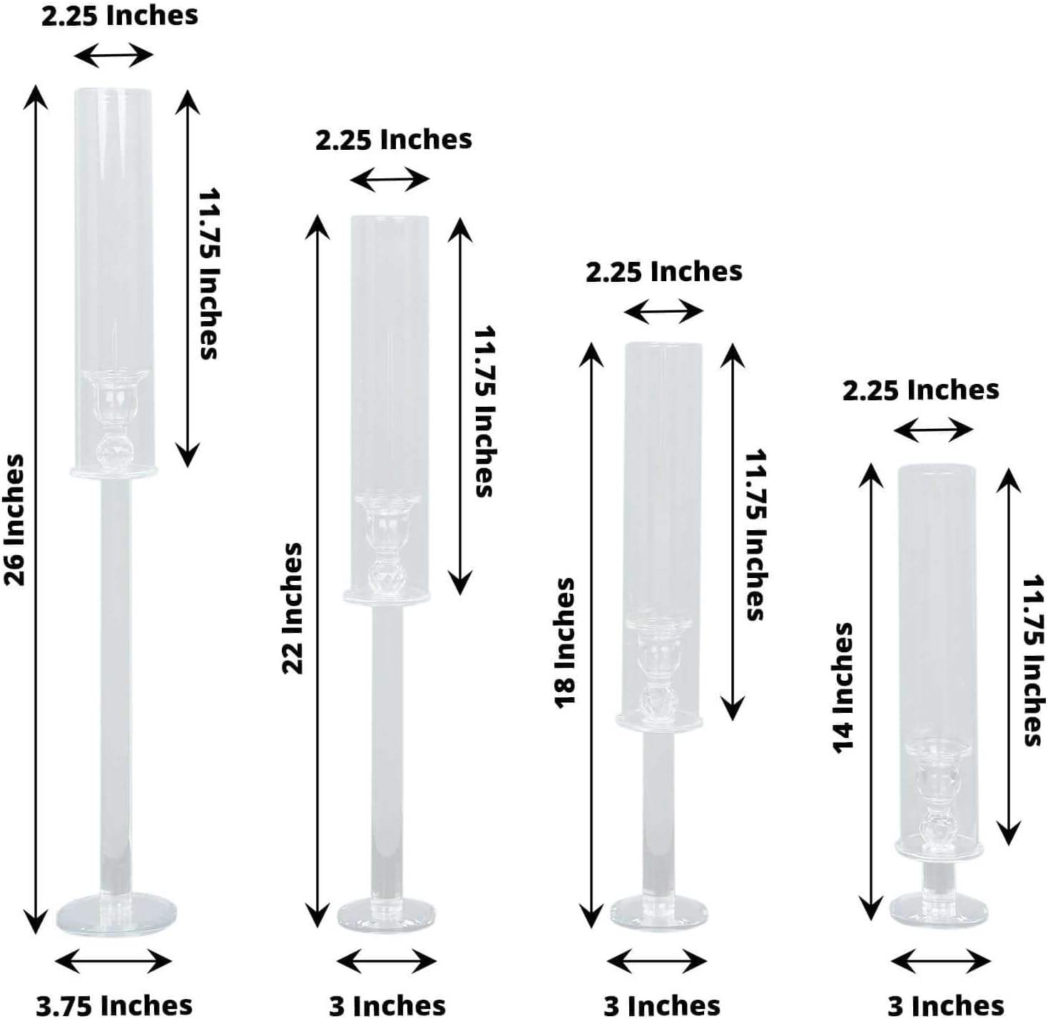 Efavormart Set Of 4 | Clear Crystal Glass Hurricane Taper Candle Holders With Tall Cylinder Chimney Tubes - 14", 18", 22", 26"