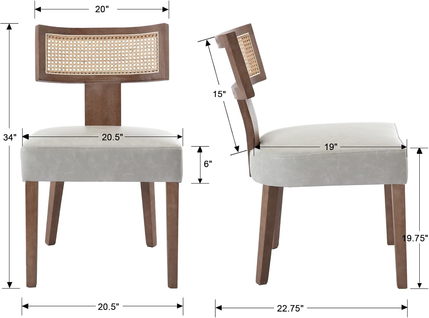 Rattan Dining Chairs Set of 2, Mid-Century Modern Dining Chairs, Kitchen Dining Room Chairs, Curved Cane Back Upholstered PU Leather Dining Chairs with Wood Frame, Grey