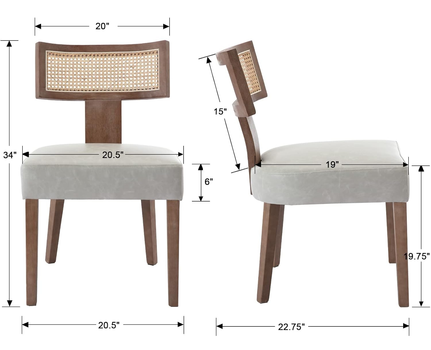 Rattan Dining Chairs Set of 2, Mid-Century Modern Dining Chairs, Kitchen Dining Room Chairs, Curved Cane Back Upholstered PU Leather Dining Chairs with Wood Frame, Grey