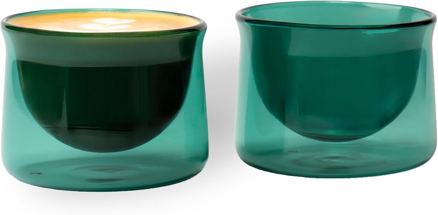 FLUR Latte Glass (Set of 2): For Lattes and Milk Drinks - Makes Latte Art Easier - Double-Walled Borosilicate Glass - Handmade - 7oz (Teal)