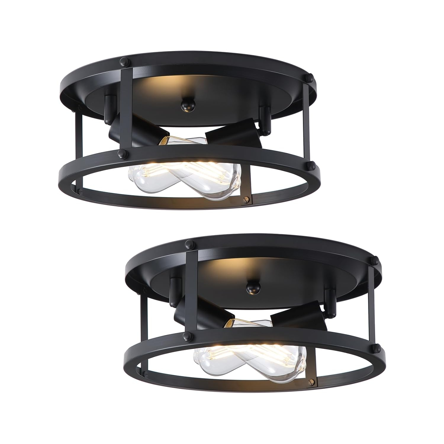 2-Light Industrial Flush Mount Ceiling Light Fixture,Black Farmhouse Ceiling Light Fixture,Modern Flush Mount Light Fixture for Kitchen Bedroom Living Room Hallway 2 Pack