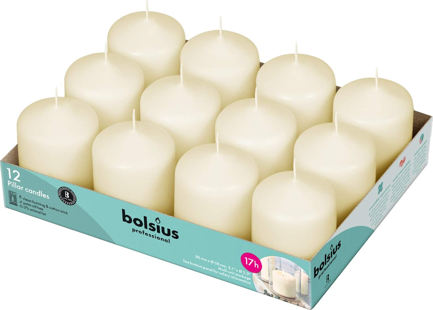 BOLSIUS Ivory Pillar Candles 2.3 X 3" Set Of 12 - Unscented Long 16 HOUR Slow Burning Dripless Smokeless Pillar Candles for Wedding Spa Home Party Decor - Bulk Small Ivory Pillar Candles