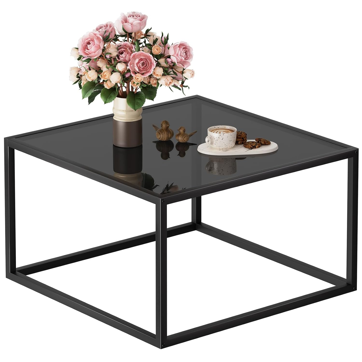 SAYGOER Black Glass Coffee Table Small Modern Coffee Tables 26.7in Square Tempered Glass-Top Accent Center Table for Living Room Home Office with Black Metal Frame Easy Assembly