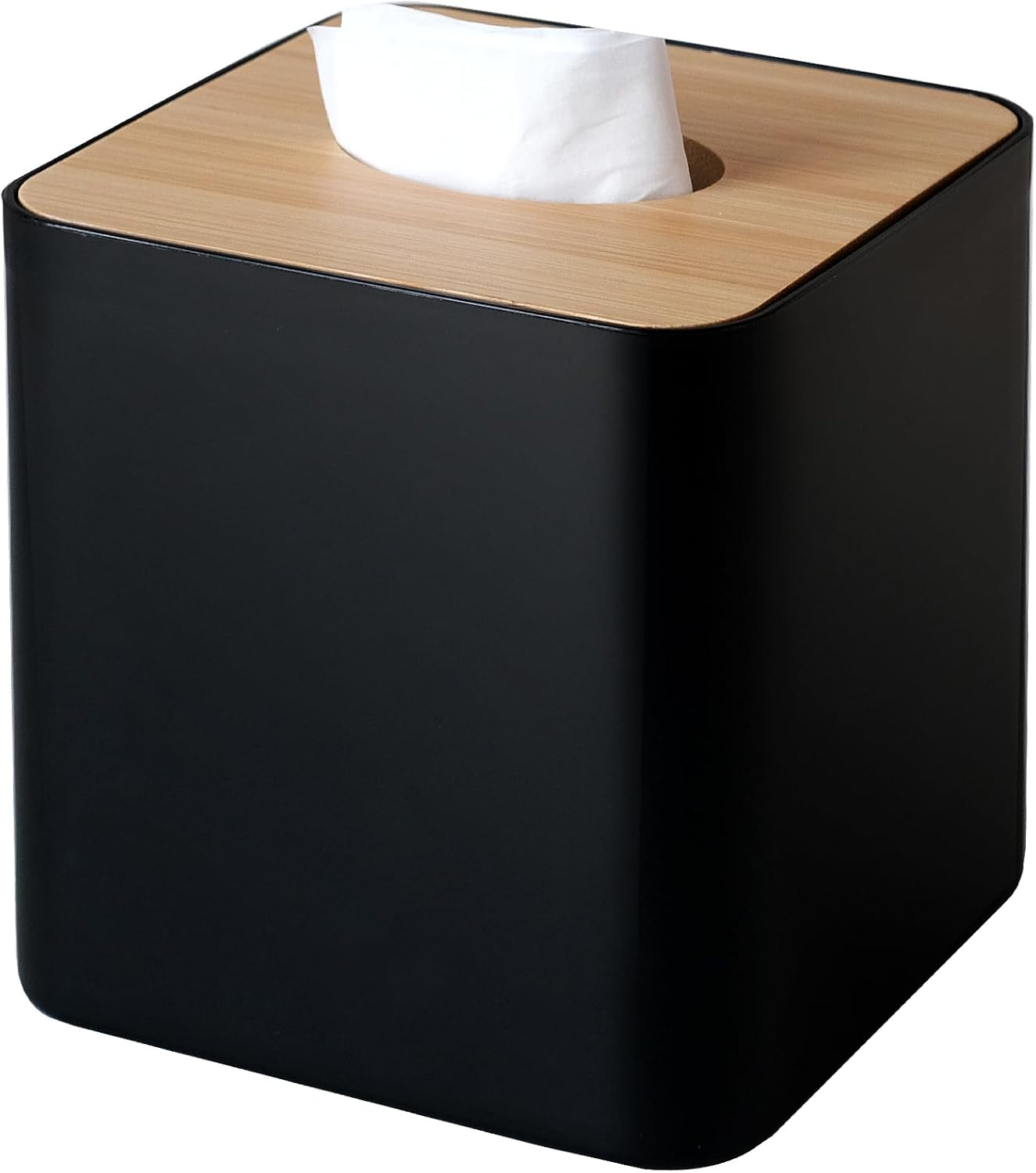 Tissue Box Cover Square, Black Tissue Box Holder with Bamboo Cover Plate, Cube Tissue Box Cover for Desk Accessories, Tissue Holders Decorative Square Tissue Box Tissue Holders for Bathrooms Bedrooms