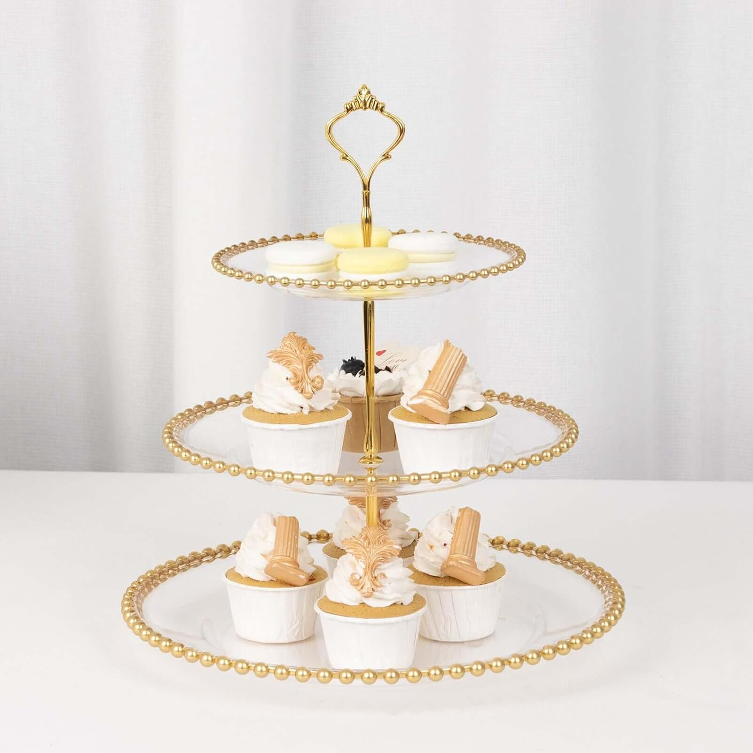 Efavormart Clear 3-Tier Round Plastic Cupcake Tower Stand with Beaded Rim, Dessert Display Tea Party Serving Platter With Top Handle - 14" Tall
