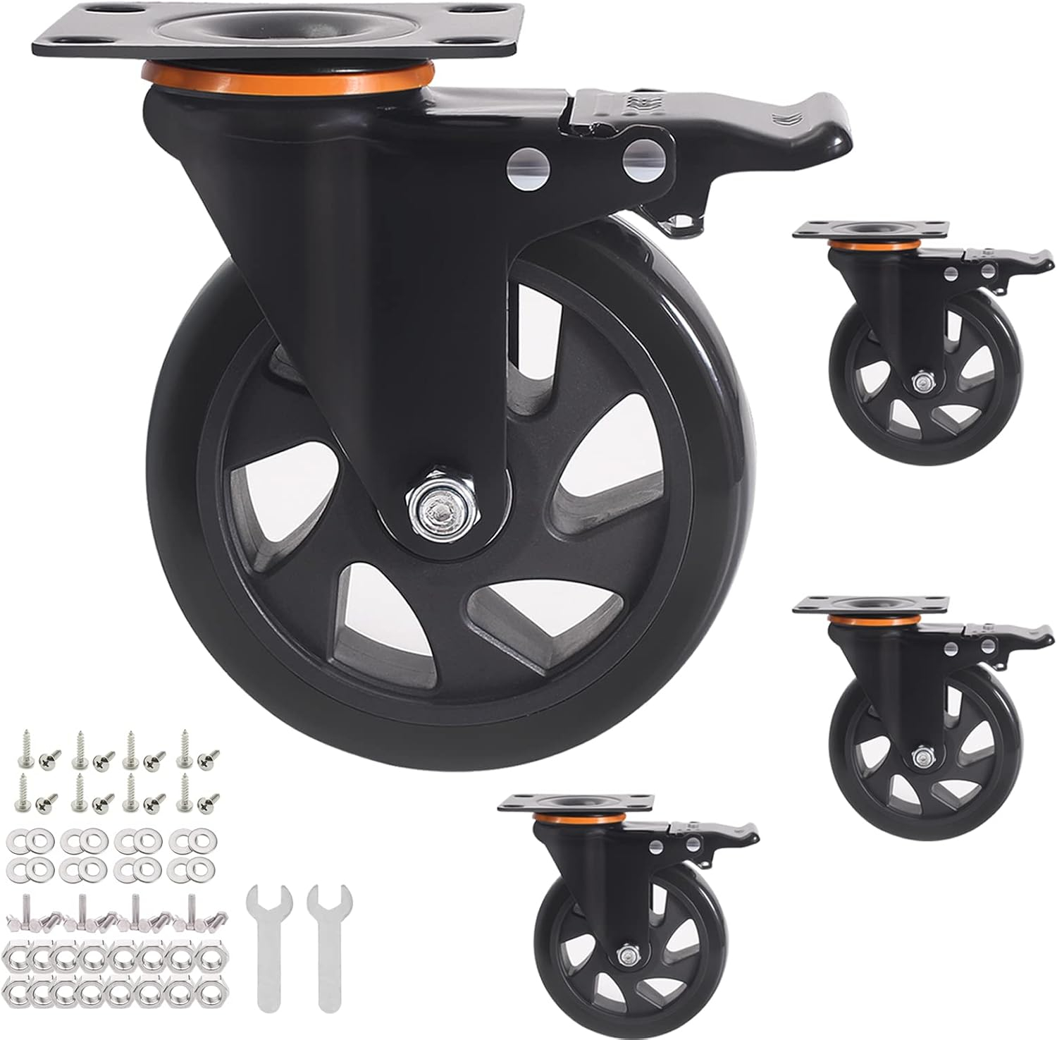 5 Inch Caster Wheels 2400Lbs, Castors Set of 4, Heavy Duty Casters with Brake, Safety Dual Locking Industrial Casters, No Noise Wheels with Polyurethane Foam (Two Hardware Kits Included)