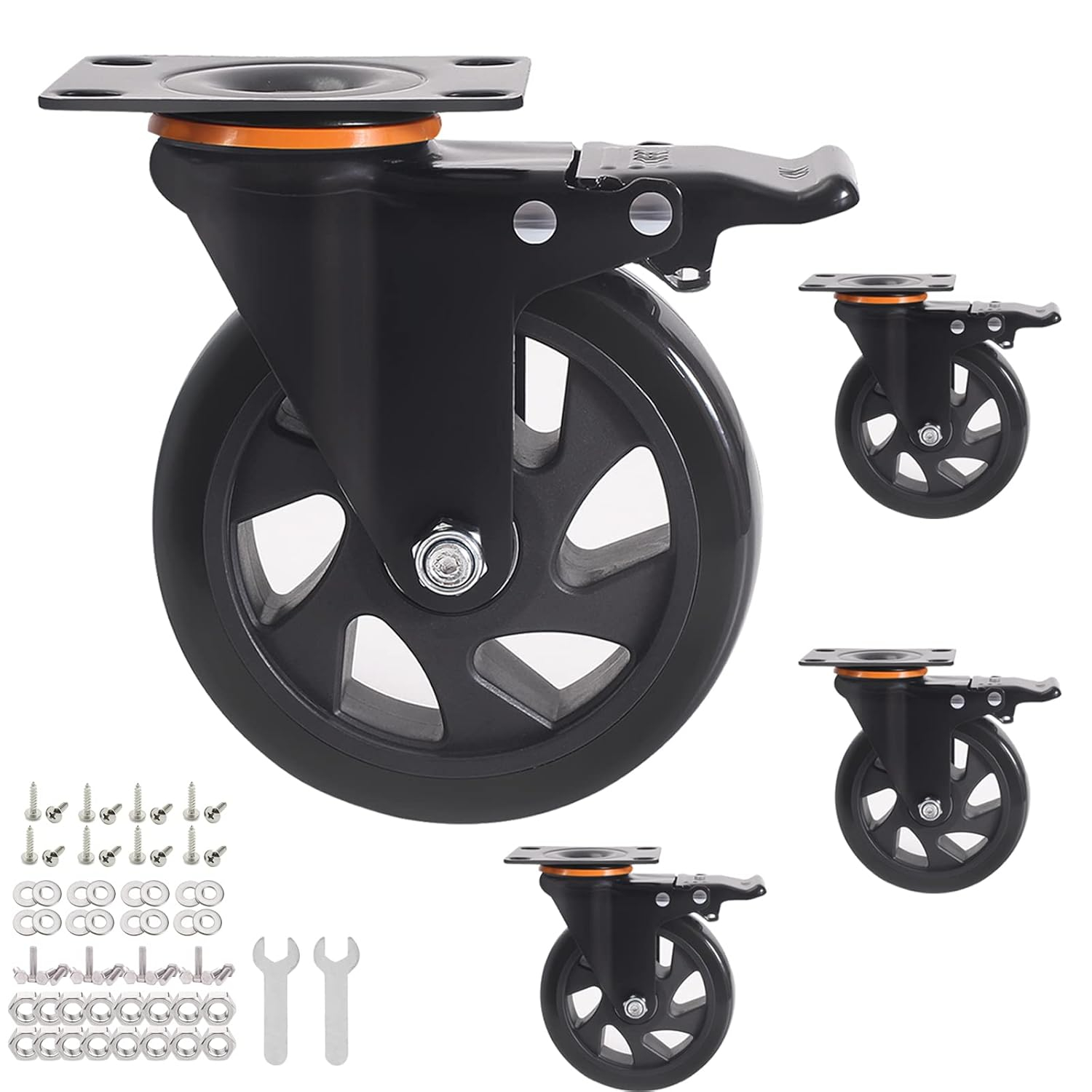 5 Inch Caster Wheels 2400Lbs, Castors Set of 4, Heavy Duty Casters with Brake, Safety Dual Locking Industrial Casters, No Noise Wheels with Polyurethane Foam (Two Hardware Kits Included)