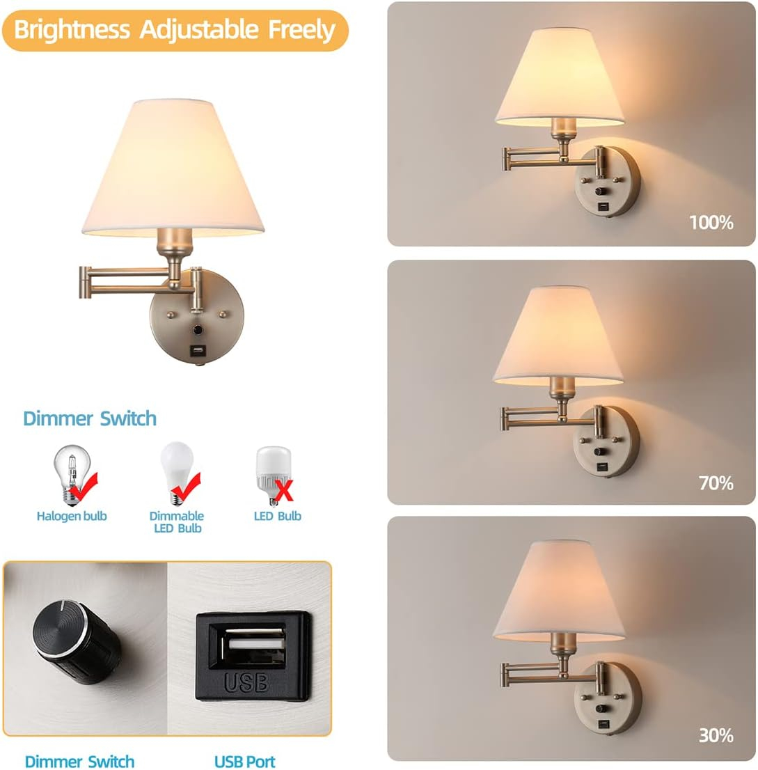 Swing Arm Wall Sconces, Plug-in Wall lamp,Bedroom Wall lamp ， White Fabric Shade，，with dimmable Switch and USB Charging Port, Suitable for Bedside, Living Room, Reading (Nickel)