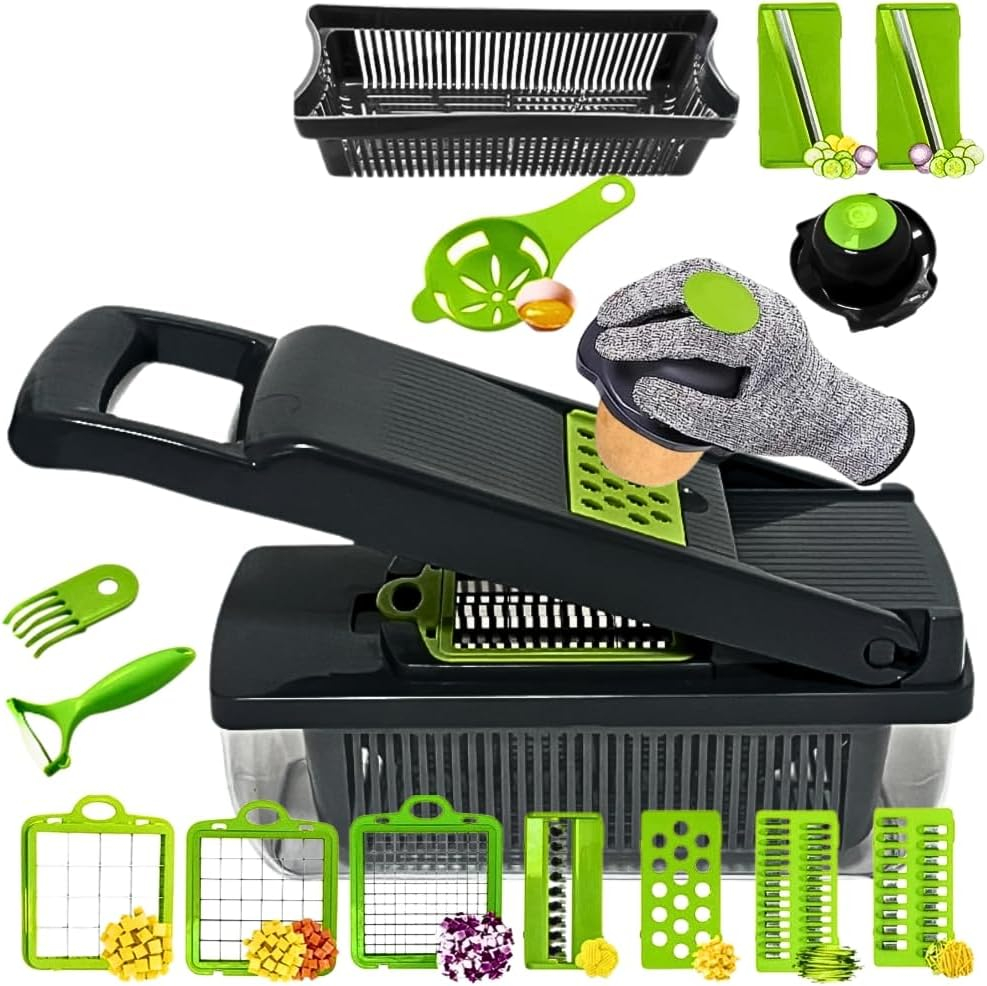16-in-1 Vegetable Chopper | Fruit Chopper | Onion Chopper | Food Chopper | Salad Chopper with 7 Stainless Steel Blades | Hand Guard | Cleaning Brush and Peeler with Storage Container