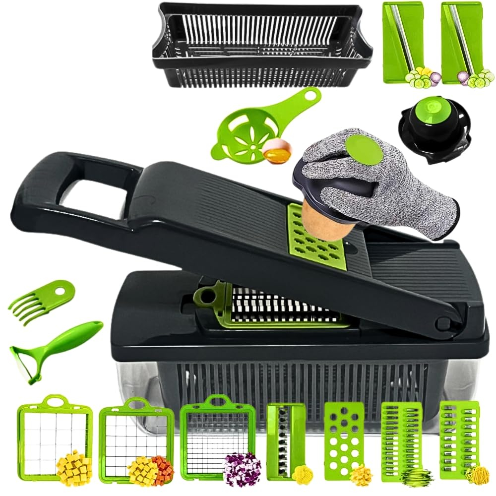 16-in-1 Vegetable Chopper | Fruit Chopper | Onion Chopper | Food Chopper | Salad Chopper with 7 Stainless Steel Blades | Hand Guard | Cleaning Brush and Peeler with Storage Container