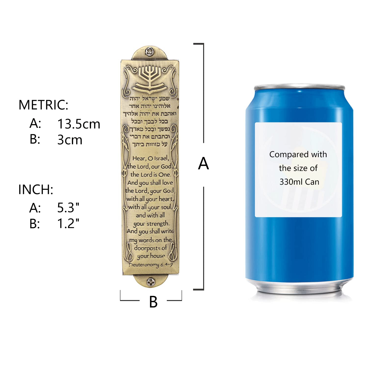 BRTAGG Metal Mezuzah for Door, Install Use Double-Sided Tape, 5.3" Tall, English & Hebrew Scripture, Bronze, Easy Peel and Stick Mezuzahs Cover Jewish Gifts (for 4 Inches Scroll)