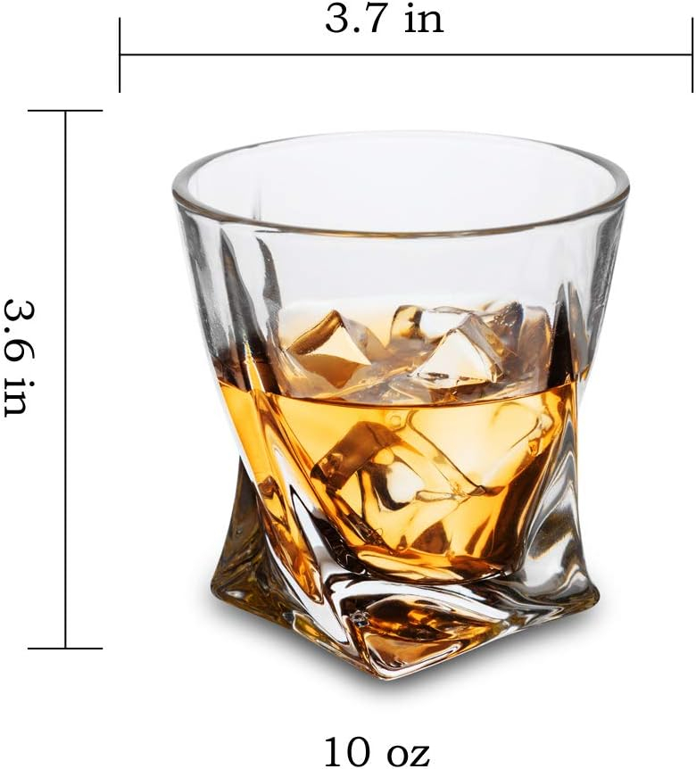 Twisted Rocks Glass 10 Oz, Set of 6 Crystal Whiskey Glasses, Lowball Bar Glassware for Bourbon Scotch Cocktail Whisky Vodka