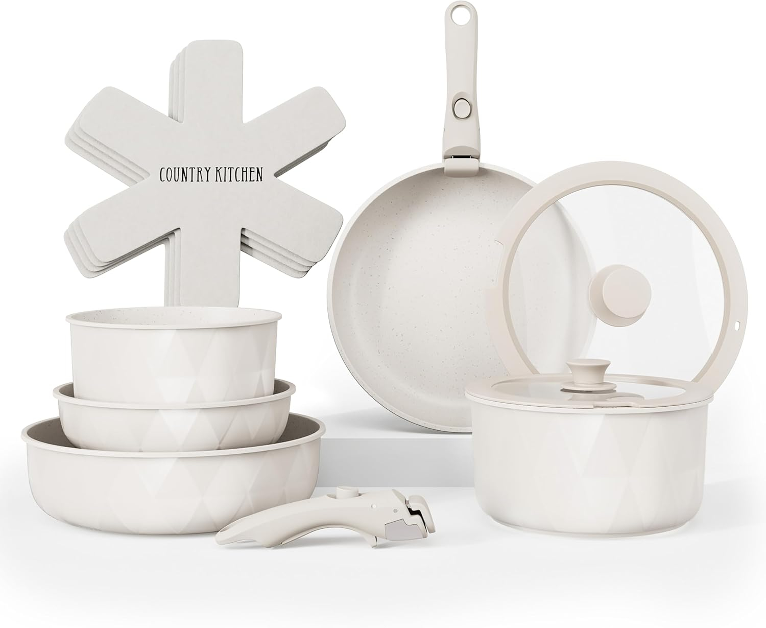 Country Kitchen 13-Pc Pots and Pans Set with Removable Handles Nonstick Cookware Set, Cream