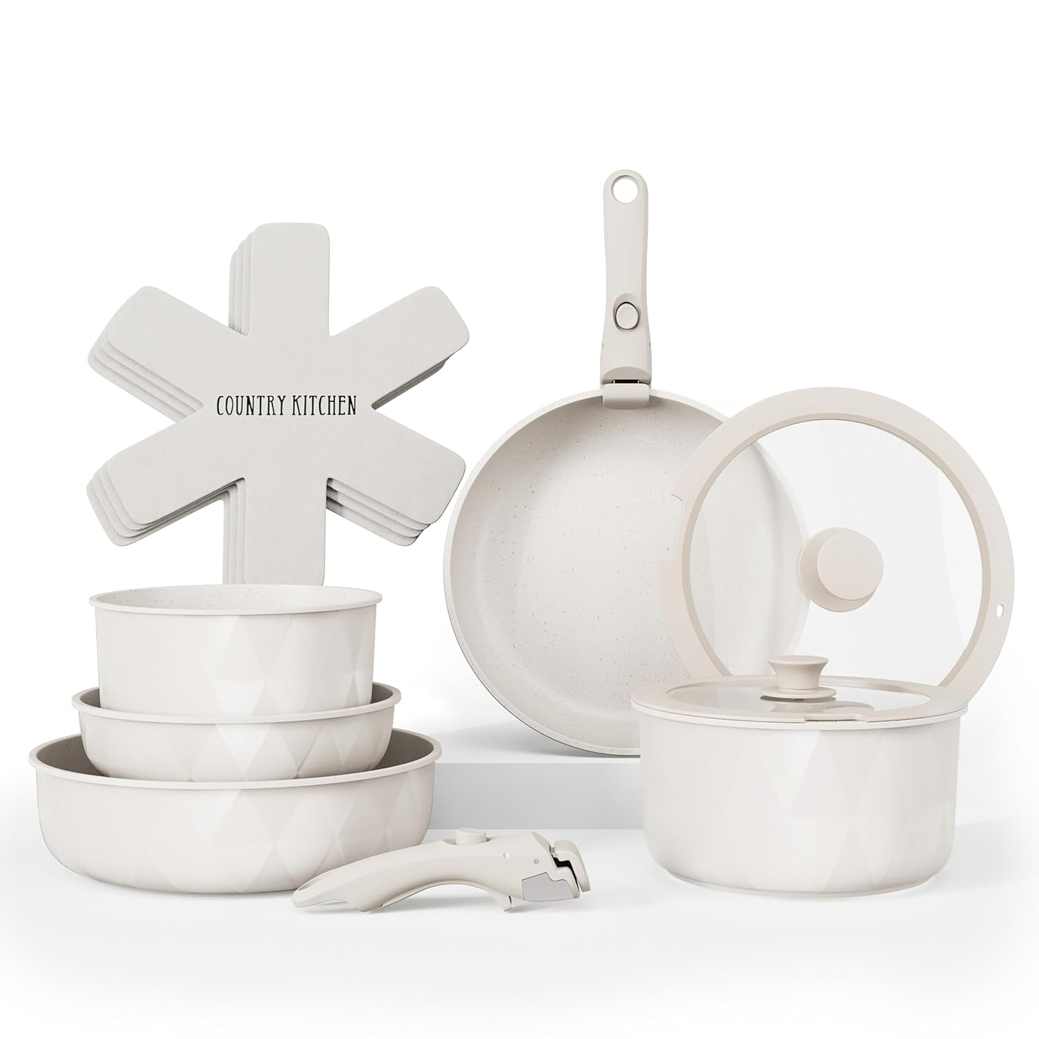 Country Kitchen 13-Pc Pots and Pans Set with Removable Handles Nonstick Cookware Set, Cream