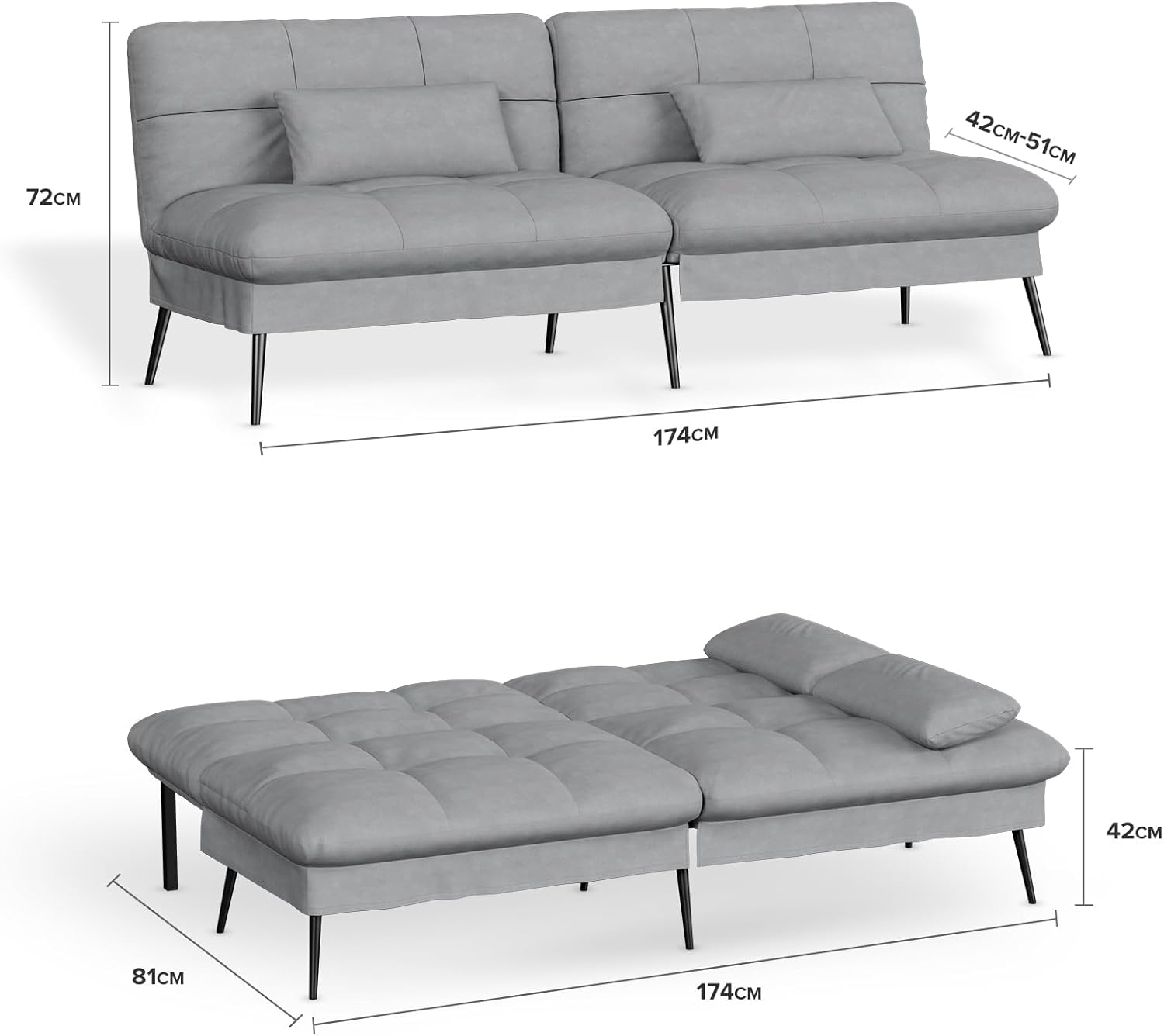 COMHOMA Convertible Sofa Bed,68″Fabric Couch with Adjustable Backrest,Loveseat Recliner Sleeper Living Room Furniture futon Set,Grey