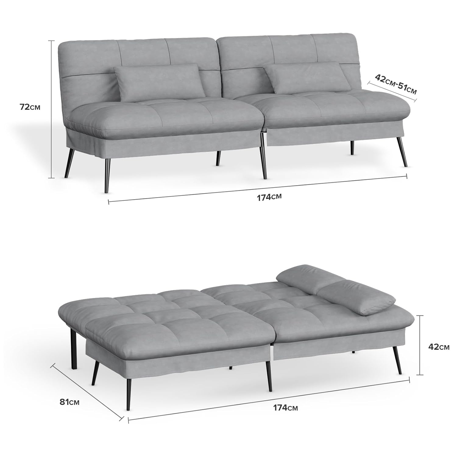 COMHOMA Convertible Sofa Bed,68″Fabric Couch with Adjustable Backrest,Loveseat Recliner Sleeper Living Room Furniture futon Set,Grey