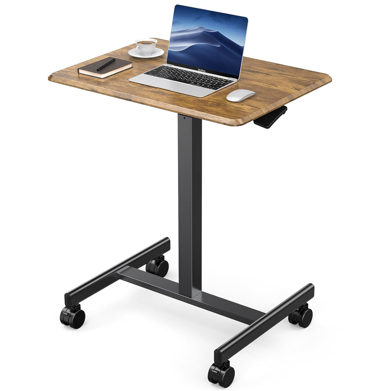 DUMOS Small Standing Desk Mobile Portable Rolling Laptop PC Table on Wheels Adjustable Height Computer Workstation for Home Office, 19 Inch, Brown