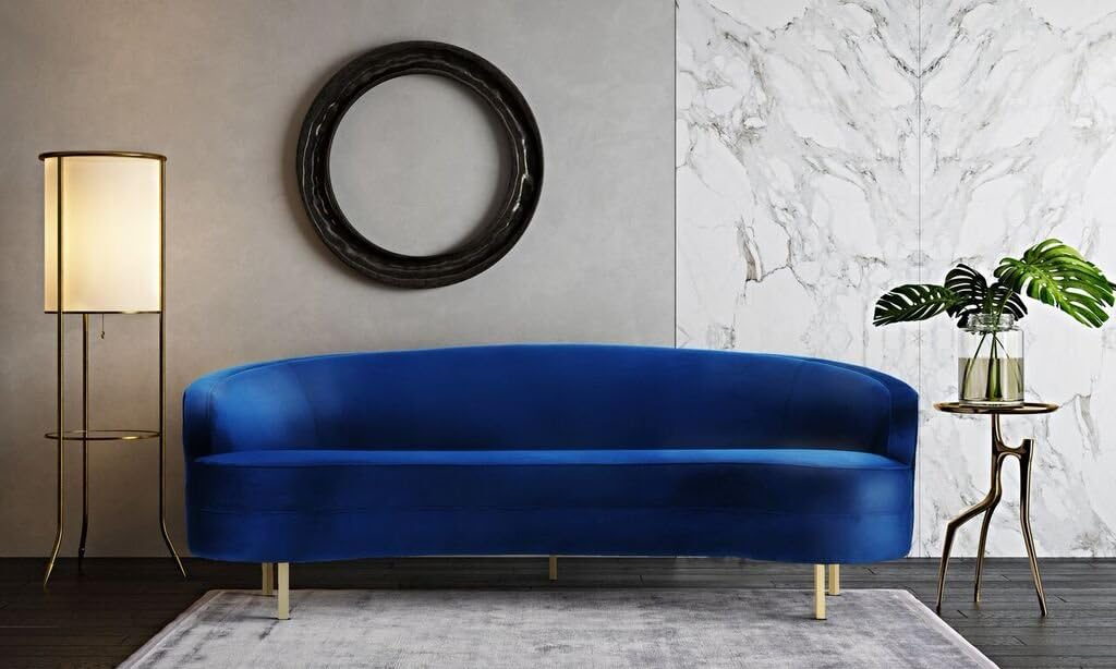 TOV Furniture The Baila Collection Modern Style Living Room Velvet Upholstery Curved Sofa with Stainless Steel Legs, Navy