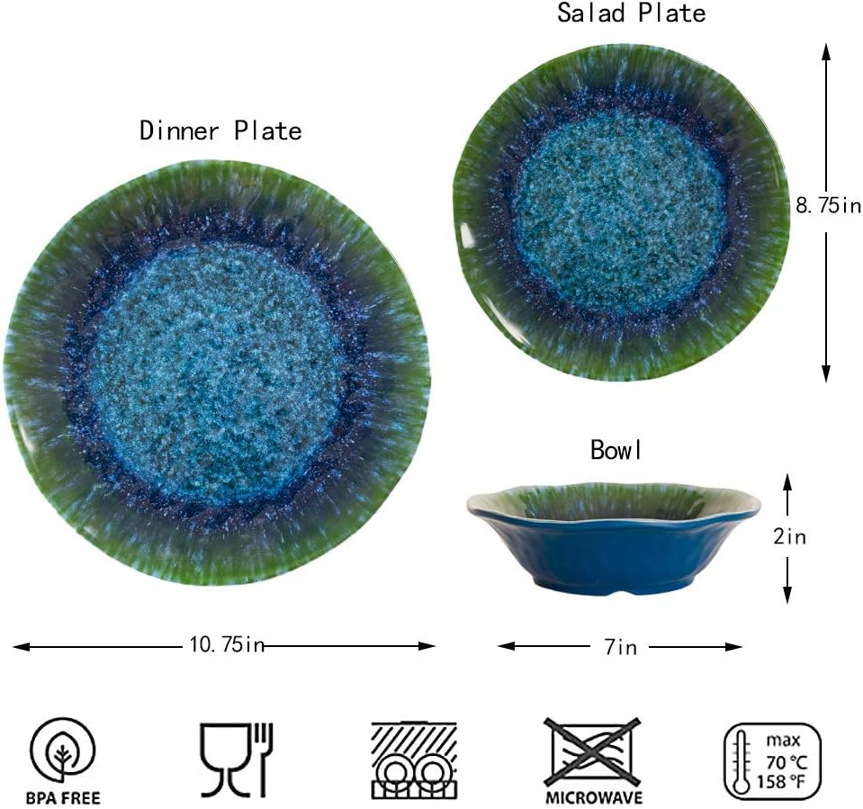 Melamine Dinnerware Set 12 PCS Teal Turquoise Tableware Plates Bowls Blue Green Dishwasher Safe Not Microware Not Oven