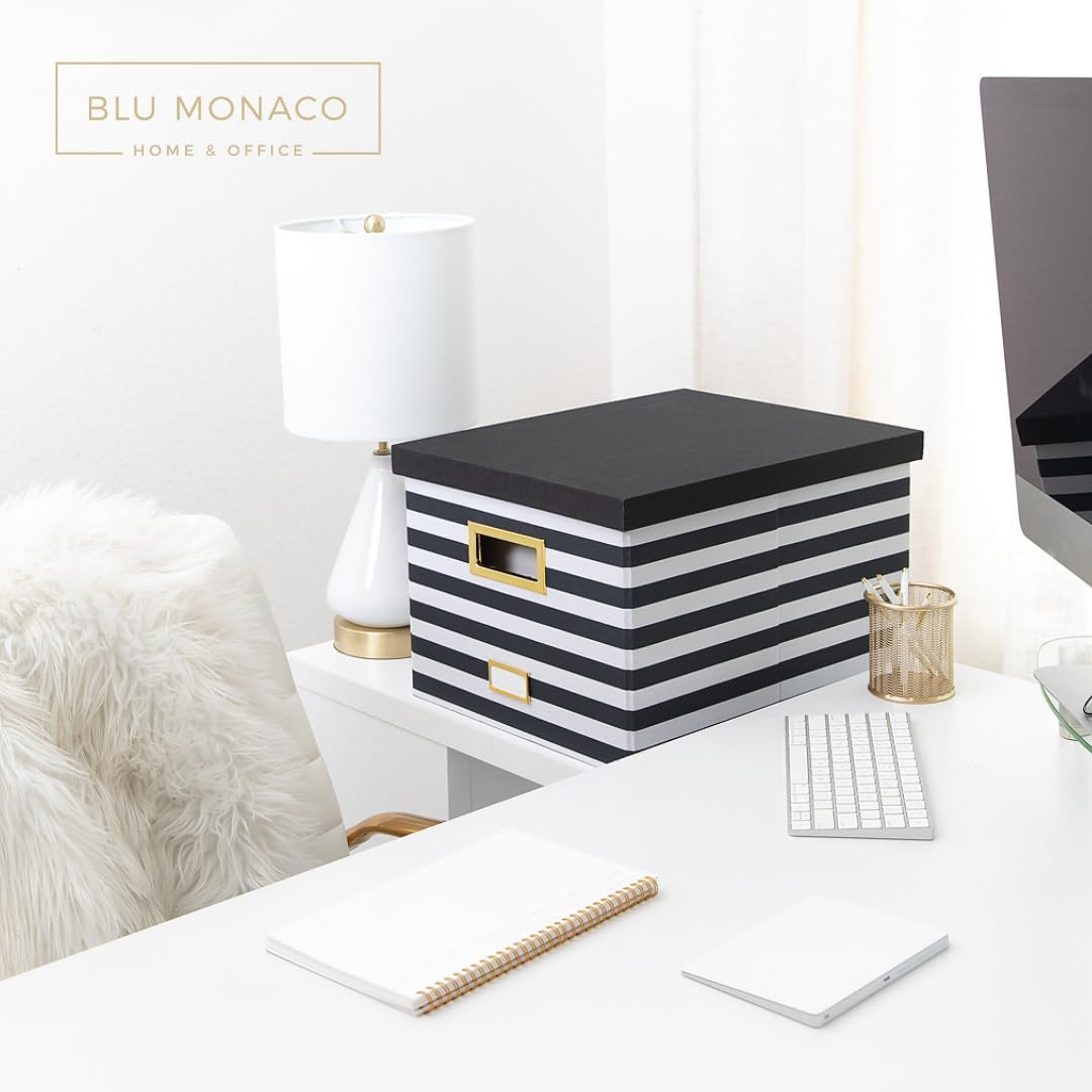 BLU MONACO Paper Organizer Storage, Portable File Box With Handle, Decorative Hanging File Box With Lid, Black and White Striped Legal-Letter Size File Folder Organizer