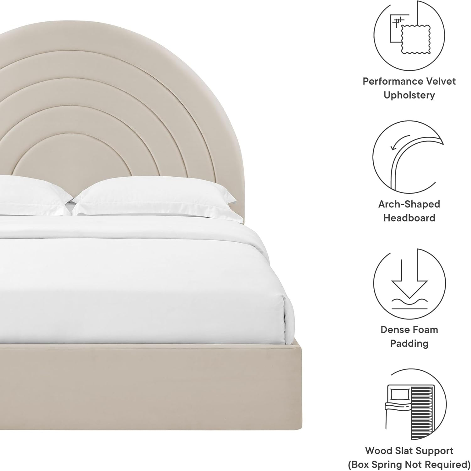 Almond Velvet Full Platform Bed with Arched Upholstered Headboard