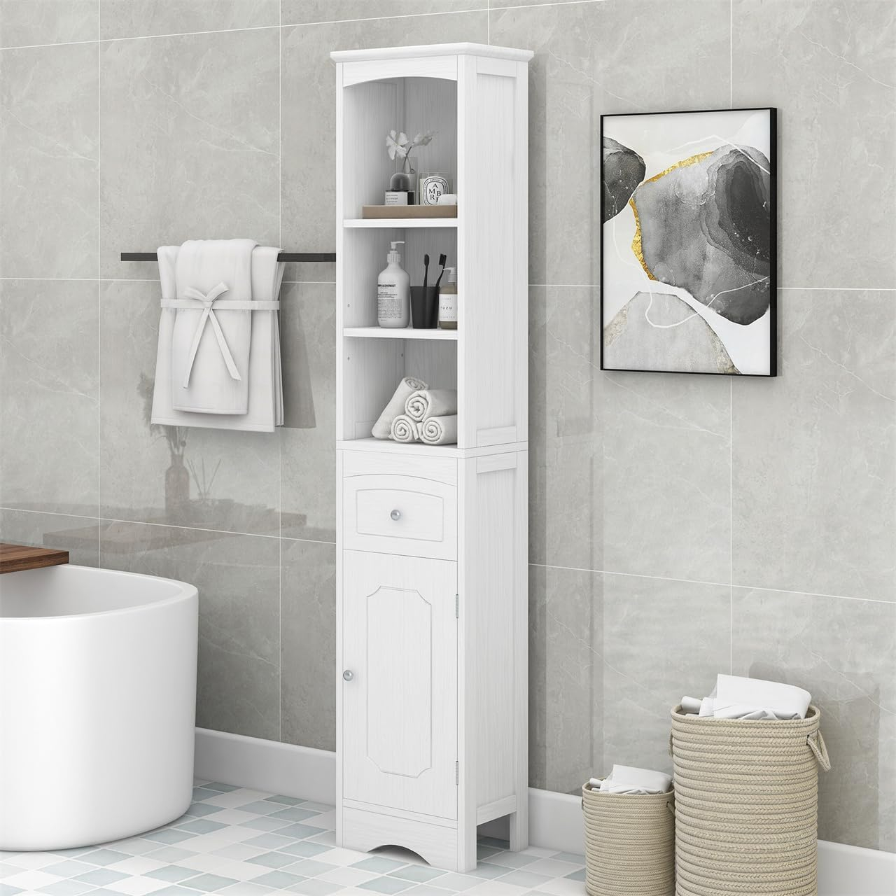 Bellemave Tall Bathroom Storage Cabinet, Freestanding Storage Cabinets with Drawer & Adjustable Shelf, Narrow Tall Cupboard for Bath Room（White）