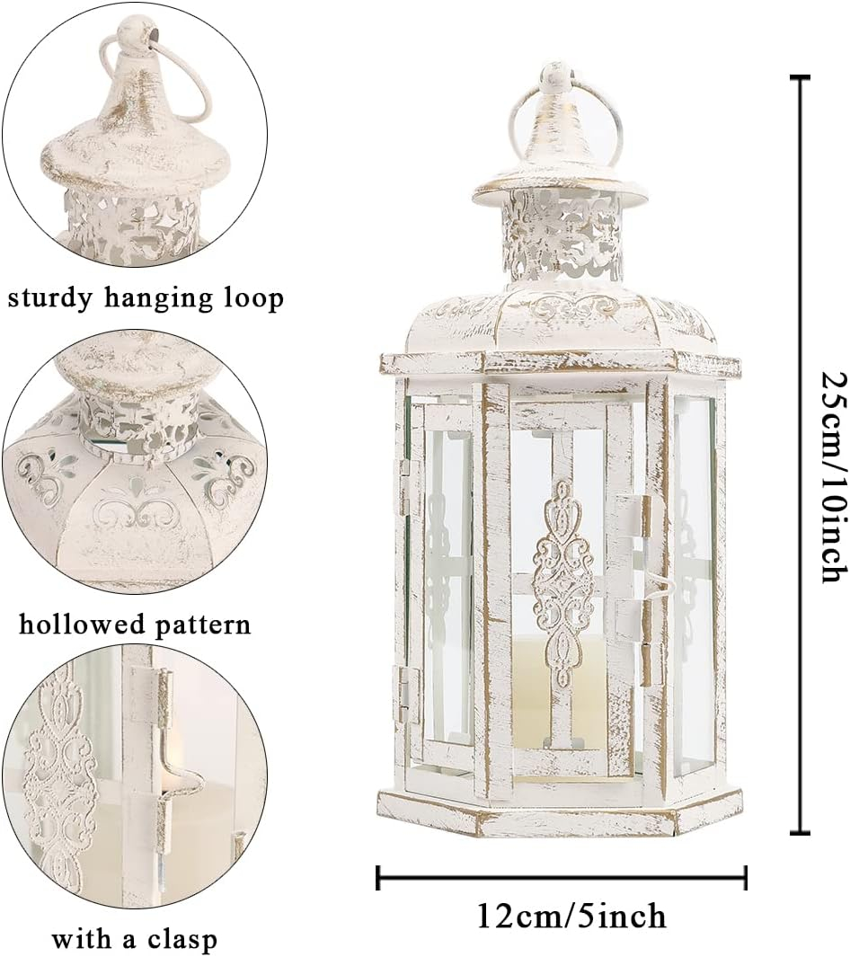 JHY DESIGN Decorative Candle lantern-10inch High Vintage Style Hanging Lantern Metal Candleholder for Indoor Outdoor Events Parities and Weddings (White with Gold Brush)